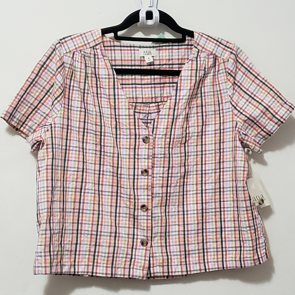 •••3/$30       .a.n.a. women's short sleeve gingham button down shirt NWT - Picture 4 of 9